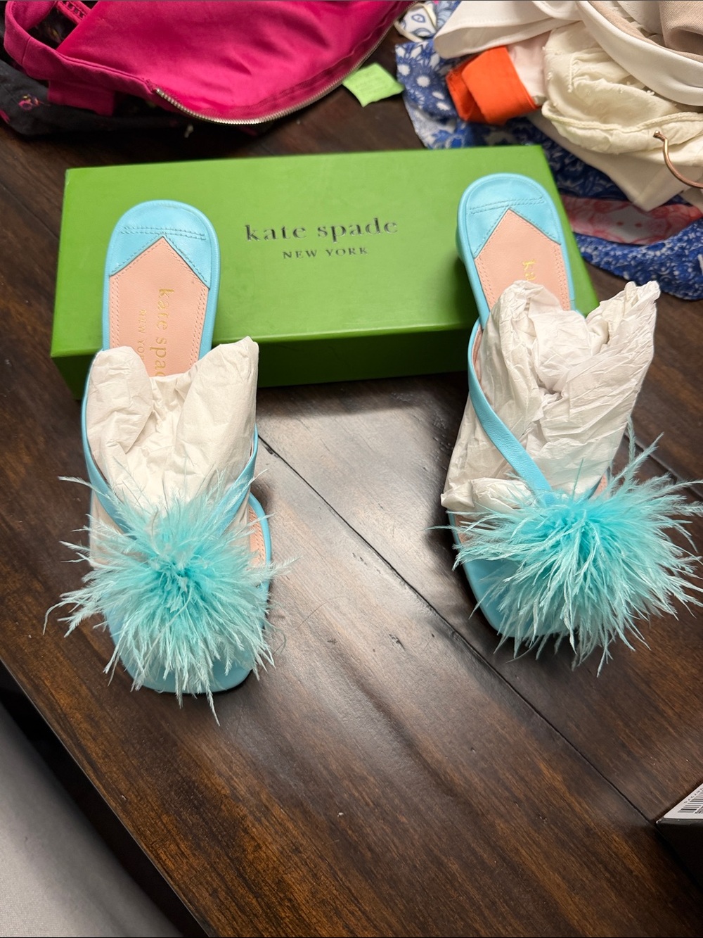 kate spade Light Teal Feather Pom Slide Mules